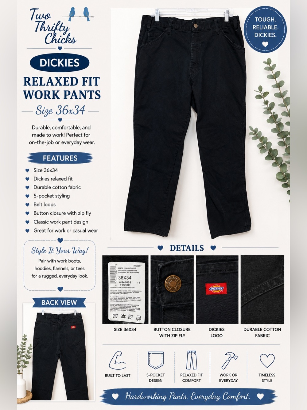 Dickies Black Relaxed Fit Work Pants - Size 36x34 - Carpenter Utility - GUC